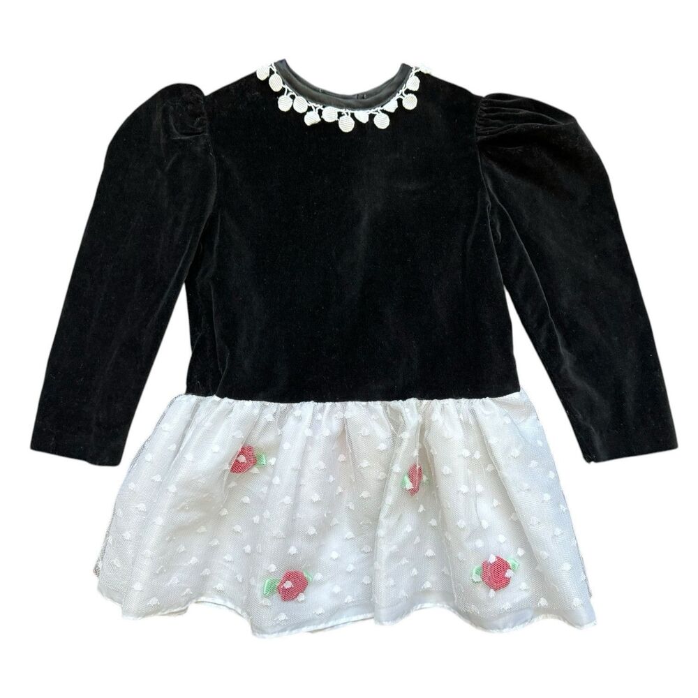 Vintage Girls Dress 4T Black Velvet w/ Tulle Skirt, Roses Red Bow Kawalla Dressy